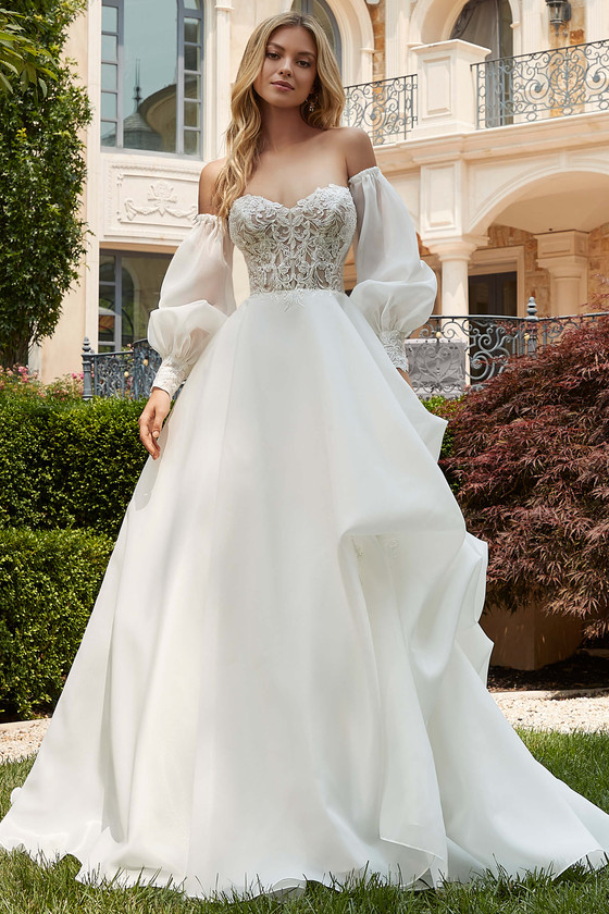 Front view of Morilee Paradisa ball gown with beaded lace corset bodice and organza skirt.