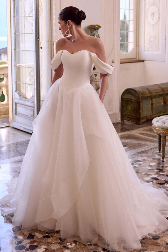Justin Alexander Lyla ball gown wedding dress with satin sweetheart bodice and voluminous organza skirt.