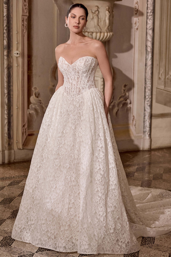 Justin Alexander Love ball gown wedding dress with sweetheart neckline, beaded lace, and basque waistline.