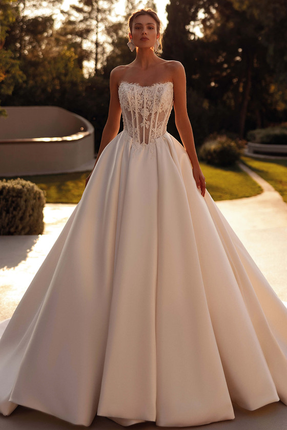 Demetrios Style 1518 ball gown wedding dress with strapless corset bodice, exposed boning, and full Mikado skirt.