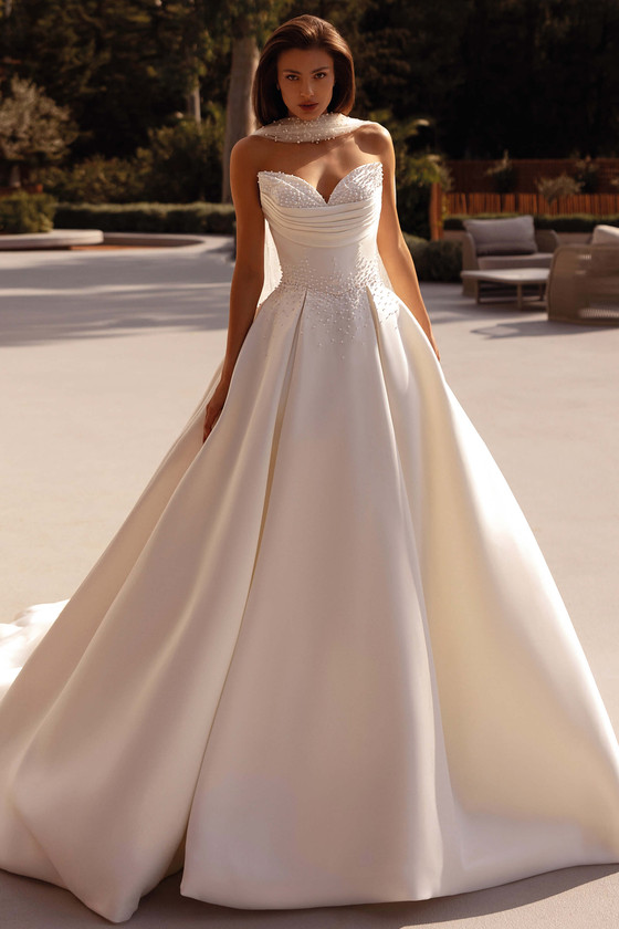 Demetrios Style 1521 ball gown wedding dress with strapless sweetheart neckline, pearl beading, and structured Mikado skirt.