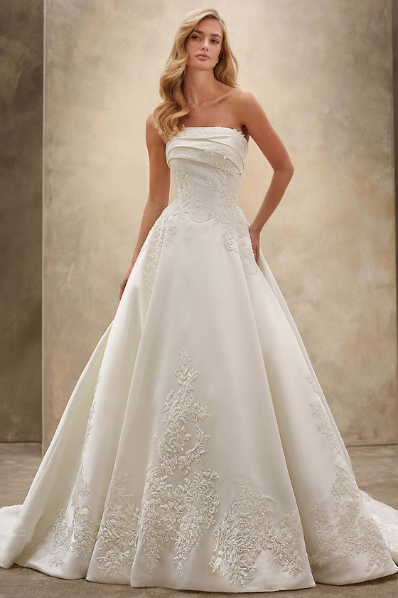 Demetrios Style 1529 wedding dress front view highlighting structured strapless bodice and minimalist elegance.