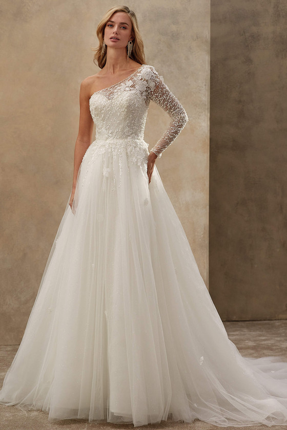 Demetrios 1551 one-shoulder A-line wedding gown with beaded lace bodice and sparkling tulle skirt