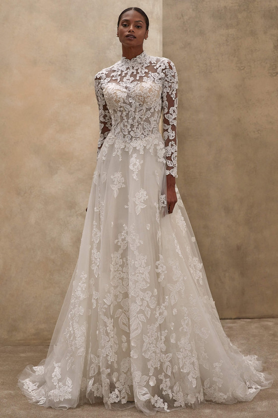 Demetrios 1553 long-sleeve lace A-line wedding gown with high illusion neckline, front view