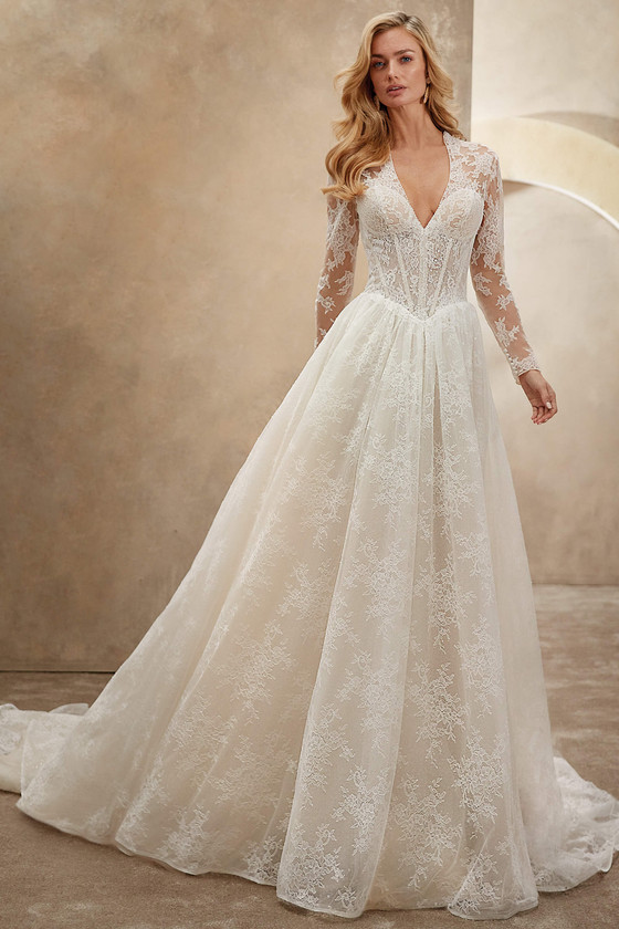 Demetrios Style 1554 wedding dress with lace, sparkling tulle, and a plunging V-neck A-line silhouette. Book your expert styling session.