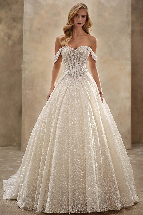 Demetrios Style 1555 ball gown wedding dress with off-the-shoulder sweetheart neckline, beaded lace, and sparkling tulle skirt.