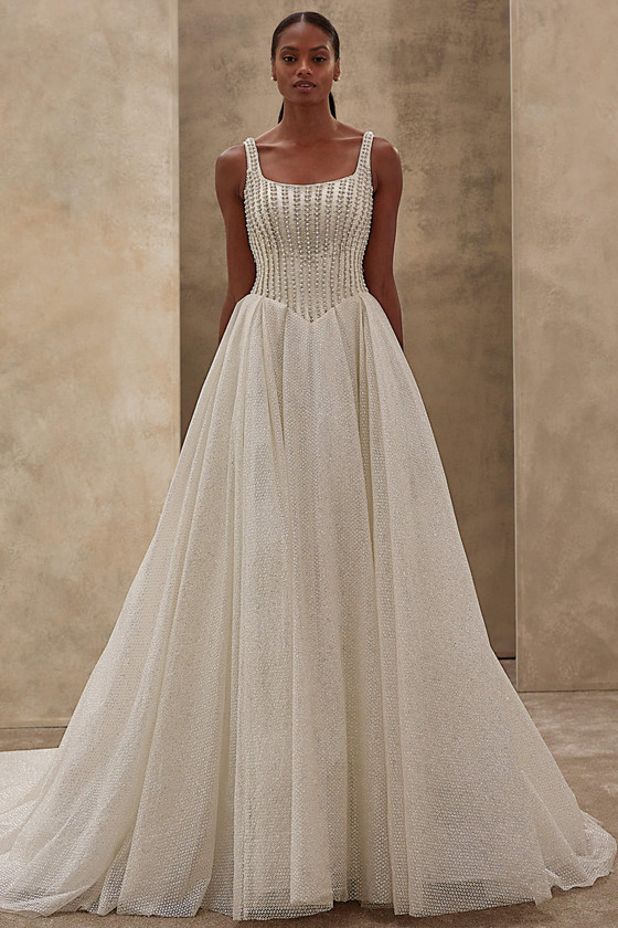 Demetrios Style 1556 ball gown wedding dress with pearl-beaded corset bodice, square neckline, and sparkling tulle skirt.