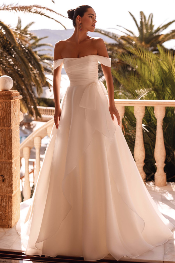 Demetrios 8248 satin organza A-line wedding gown with ruched bodice and off-the-shoulder straps, front view