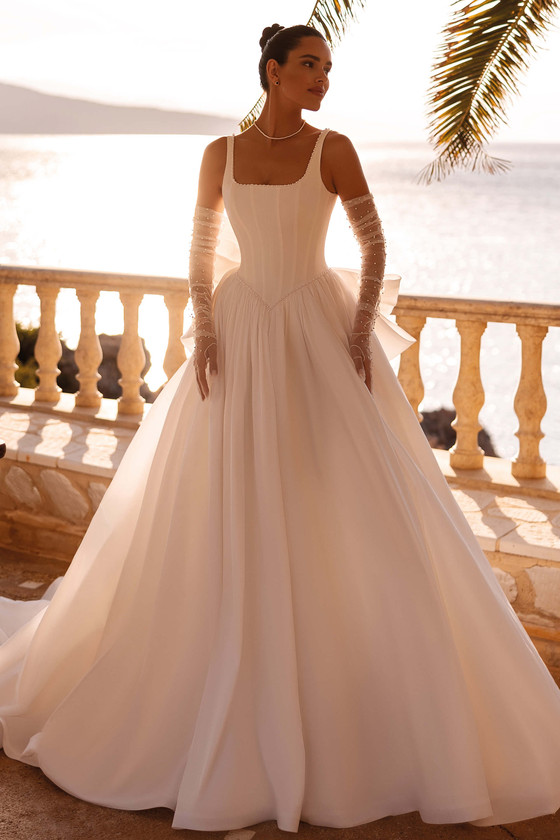 Demetrios 8253 taffeta ball gown with square neckline, pearl beading, and basque waist, front view