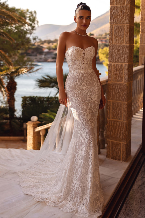 Demetrios Style 8260 fit-and-flare wedding dress with strapless neckline and allover beaded lace silhouette.
