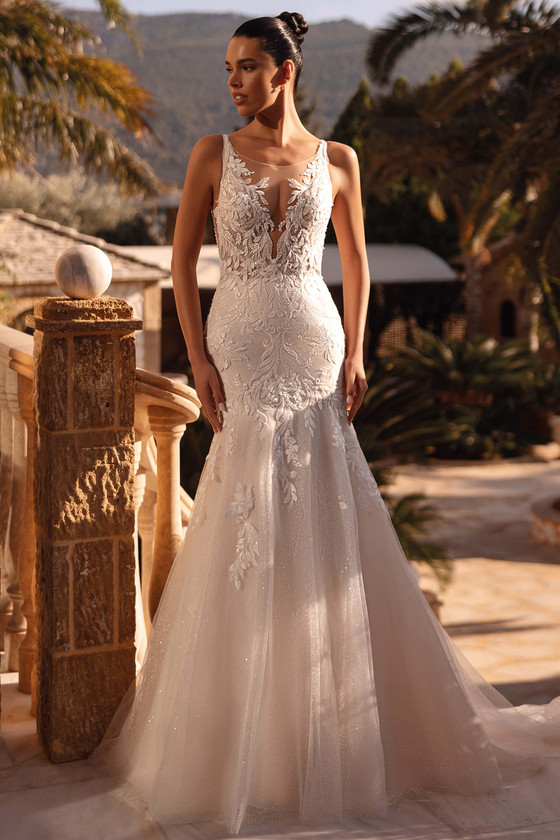 Demetrios 8265 beaded lace mermaid gown with deep illusion neckline and sparkling tulle skirt, front view