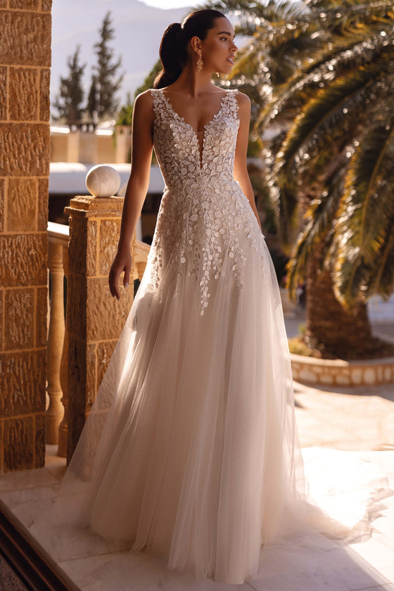 Demetrios Style 8272 A-line wedding gown with floral beaded lace bodice, plunging illusion neckline, and layered tulle skirt