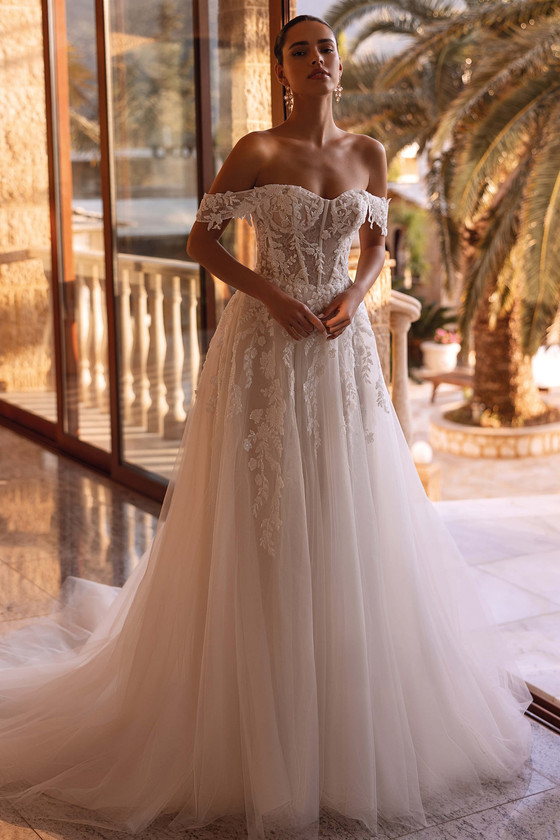 Demetrios 8280 beaded lace A-line gown with off-the-shoulder neckline and tulle skirt, front view