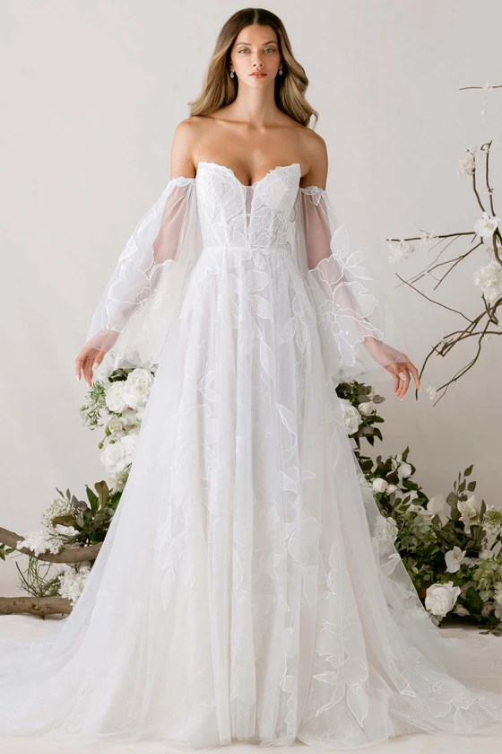 Morilee Tendu wedding gown front view with plunging cat eye neckline and A-line skirt