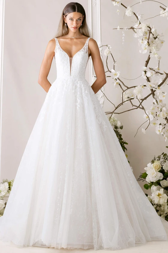 Morilee Myrtha wedding gown front view with plunging V-neckline and ball gown silhouette