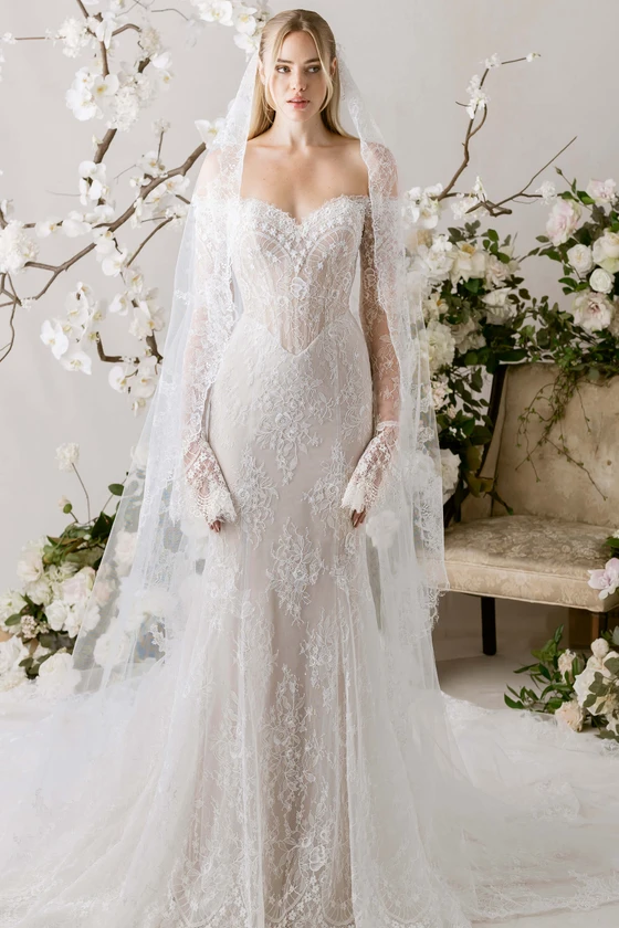 Morilee Natalie wedding gown front view with off the shoulder sleeves and fit and flare silhouette