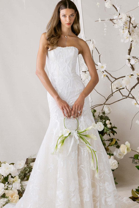 Morilee Menages wedding gown front view with strapless neckline and fit and flare silhouette