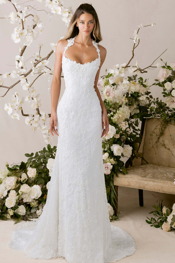 Morilee Paulina wedding gown front view with halter neckline and fit and flare silhouette