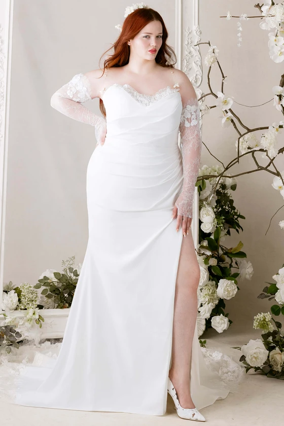 Morilee Mariposa plus size sheath gown front view with scoop neckline and satin fabric