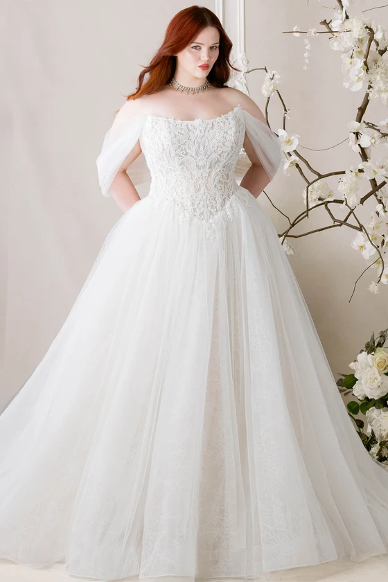 Morilee Meli plus size ball gown front view with beaded lace bodice and tulle skirt