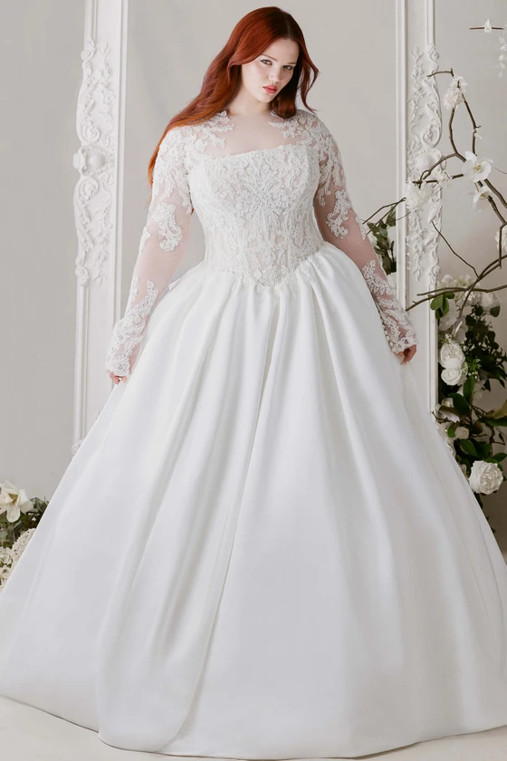 Morilee Jasper plus size ball gown front view with lace bodice and full satin skirt