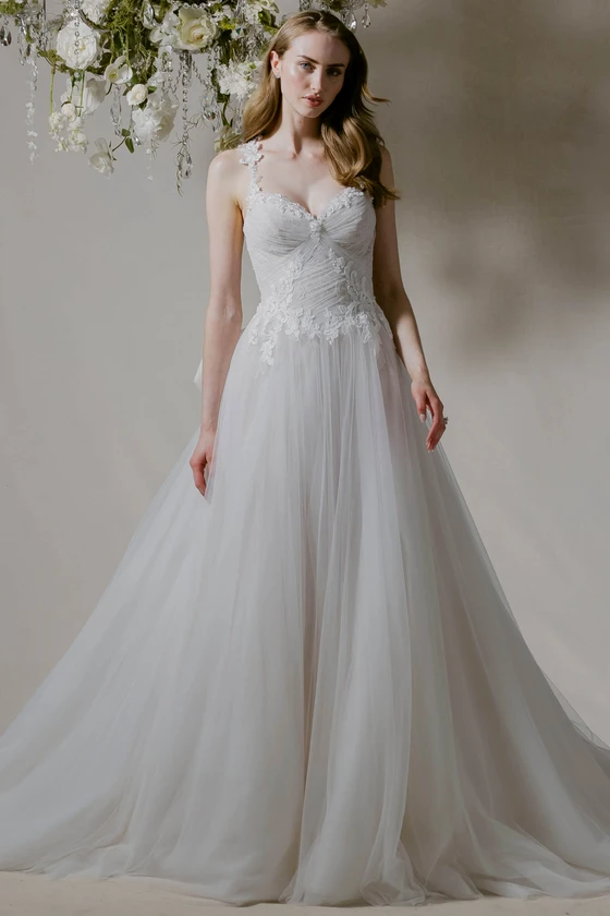 Morilee Cassia wedding dress front view with ruched bodice and flowing tulle skirt