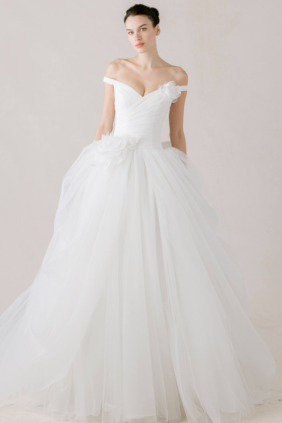 Morilee Lucienne wedding dress ivory front view with off shoulder neckline and tulle skirt