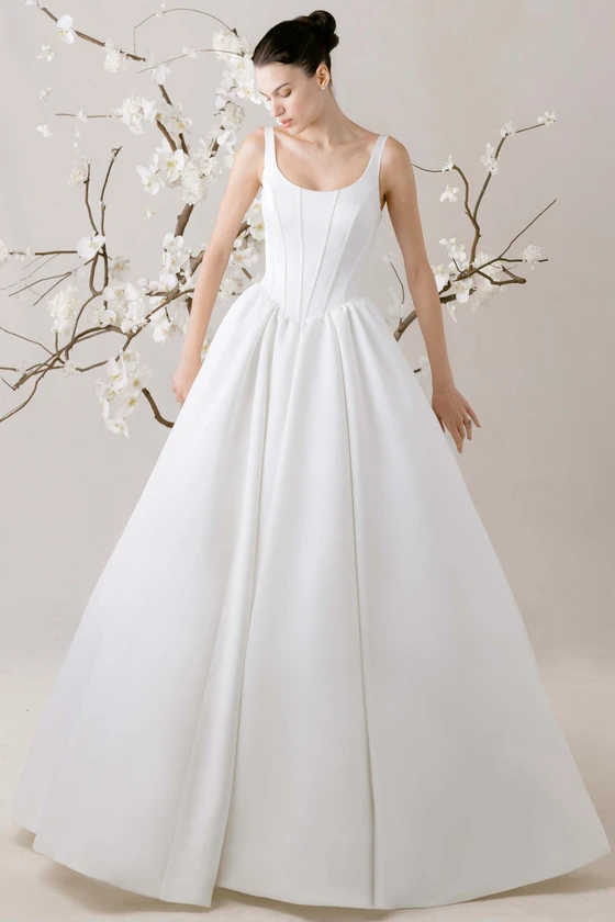 Morilee Kitri wedding dress front view with scoop neckline and satin ball gown skirt