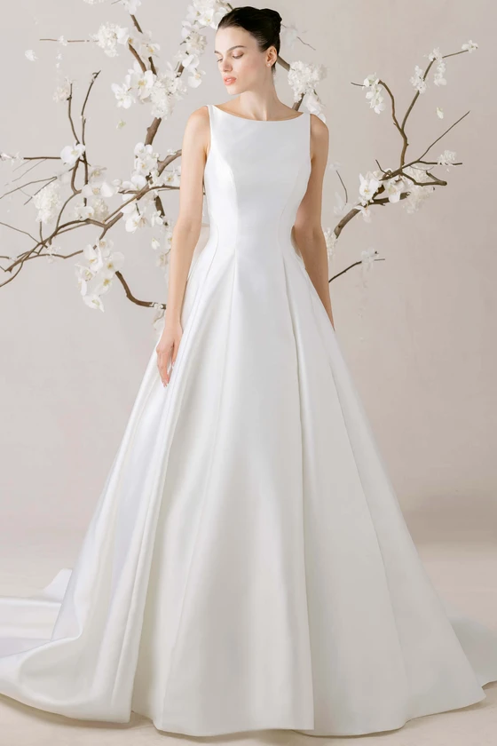 Morilee Sylvia wedding dress A-line Mikado gown with bateau neckline