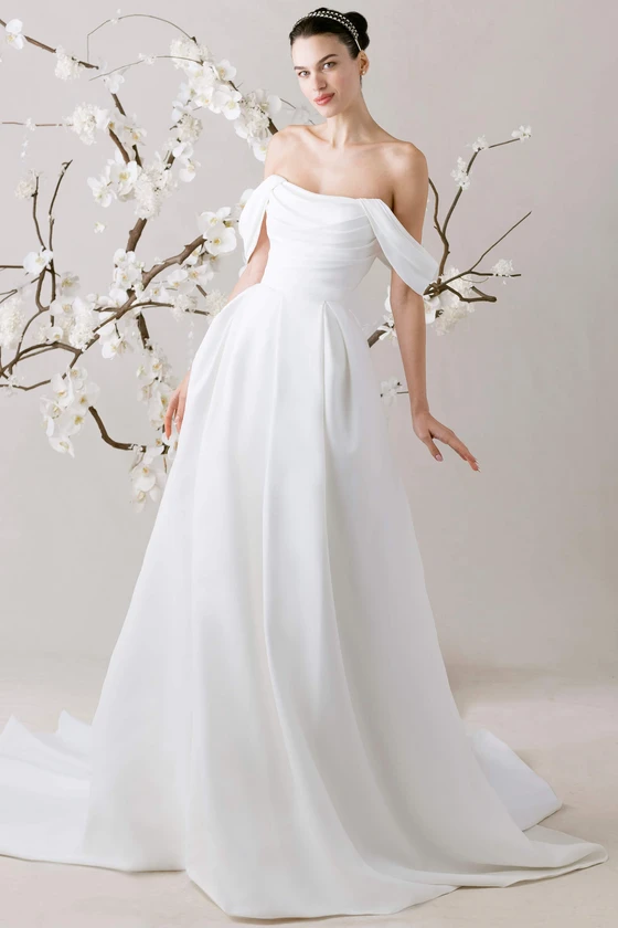 Morilee Mirela A-line gown front view with draped bodice and satin skirt