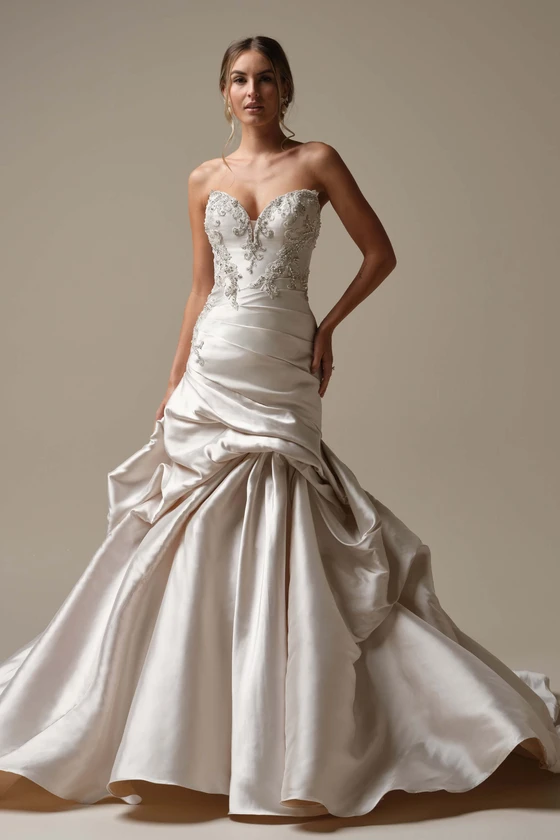 Maggie Sottero Cressida wedding gown front view mermaid Mikado pickups skirt