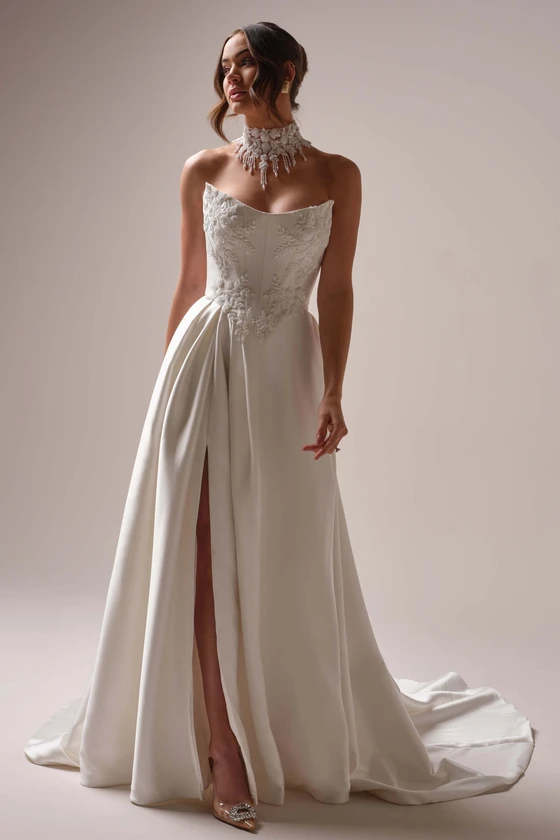 Maggie Sottero Amadora wedding gown front view A-line satin slit
