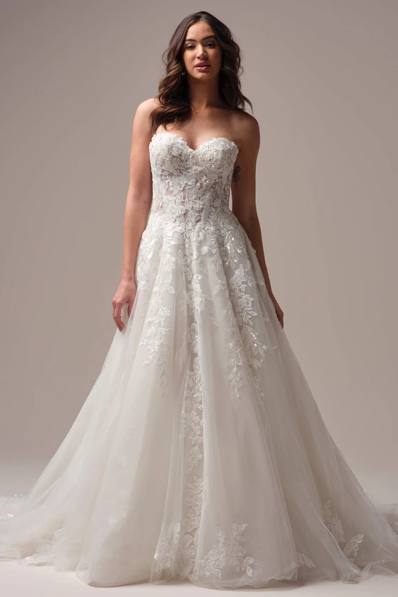 Maggie Sottero Darren wedding gown front view A-line lace glitter tulle