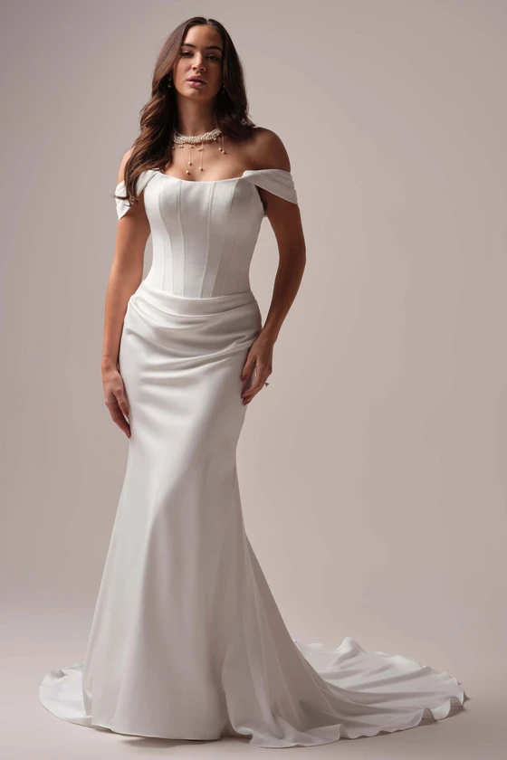 Maggie Sottero Forsythia wedding gown front view fit and flare satin
