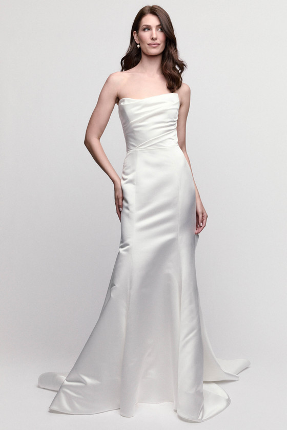 Watters Locket Lipa mermaid wedding gown with straight neckline and satin finish front view