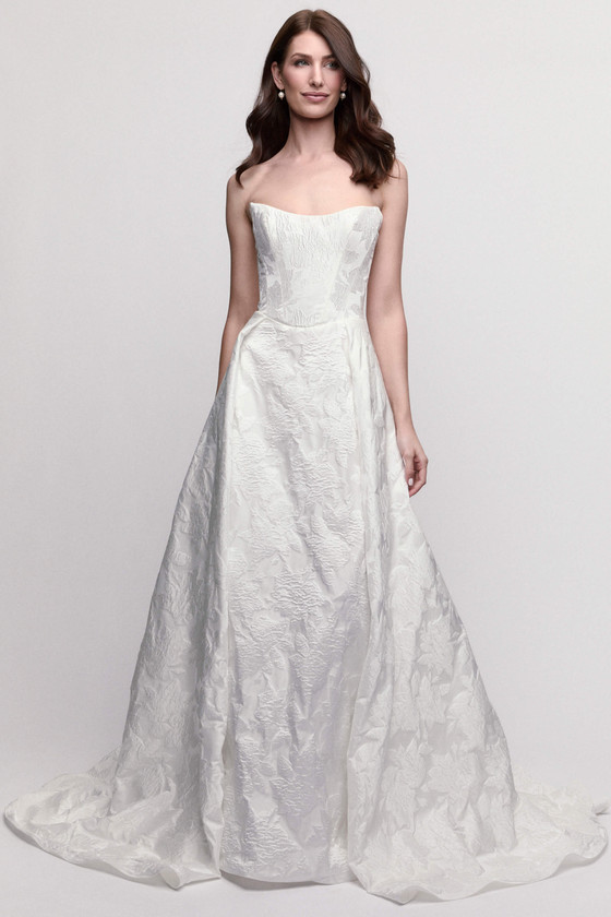 Watters Locket Nigella A-line wedding gown with scoop neckline and textured brocade front view