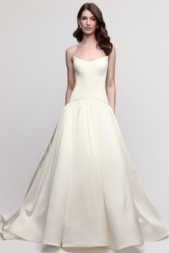 Watters Locket Lark ivory ball gown with wide scoop neckline and satin skirt front view
