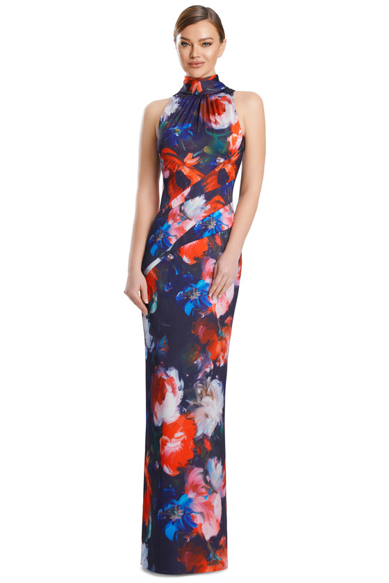 Front view of Alexander by Daymor 3201 red multi floral satin mother of the bride dress with halter neckline