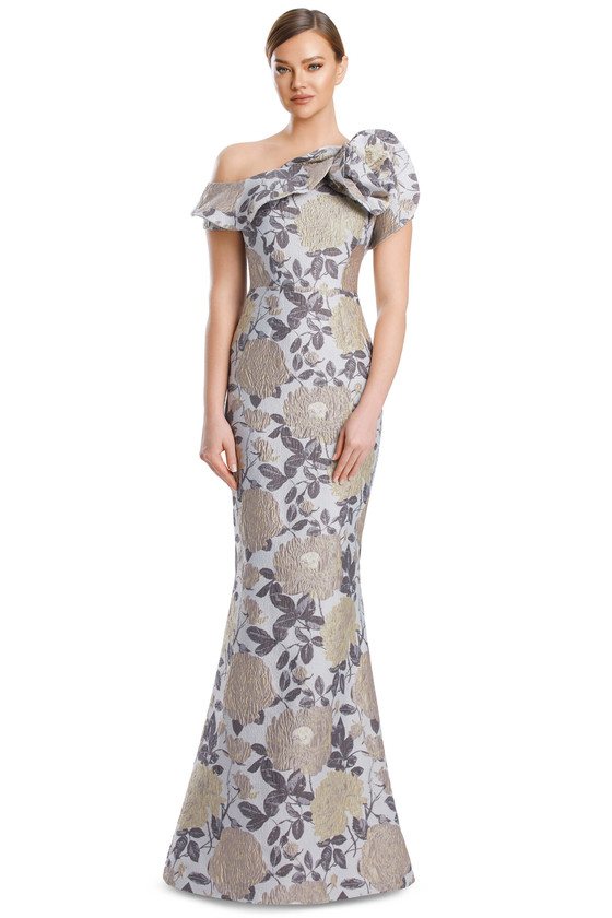 Front view of Alexander by Daymor 3205 taupe multi brocade mother of the bride dress with rosette shoulder
