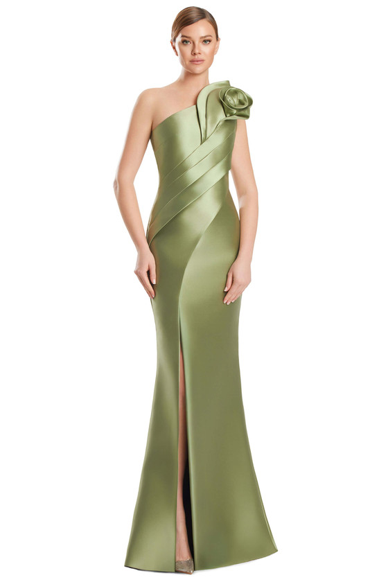Front view of Alexander by Daymor 3230 olive satin twill mother of the bride dress with side slit