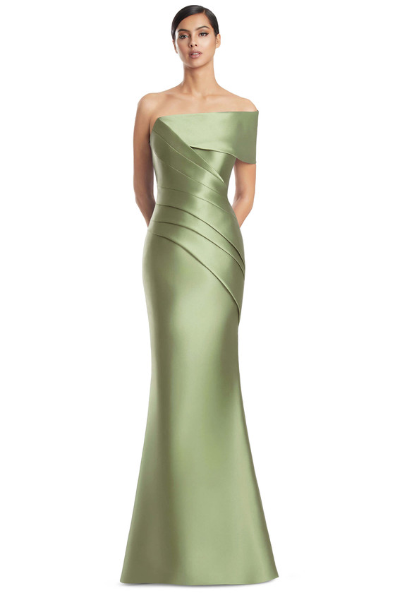 Front view of Alexander by Daymor 3232 olive satin twill mother of the bride dress with asymmetrical neckline