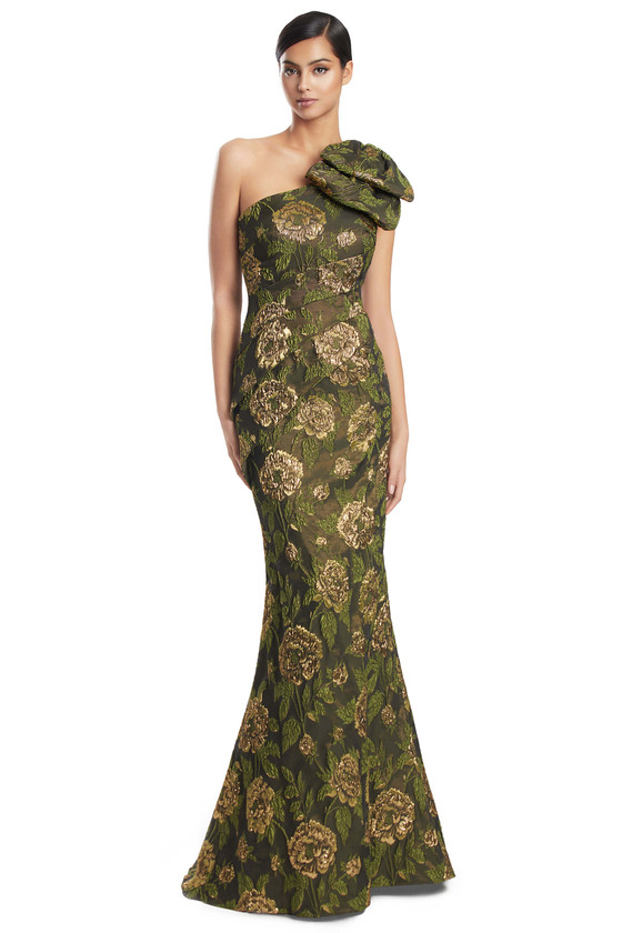 Front view of Alexander by Daymor 3233 olive and gold brocade mother of the bride dress with one-shoulder bow
