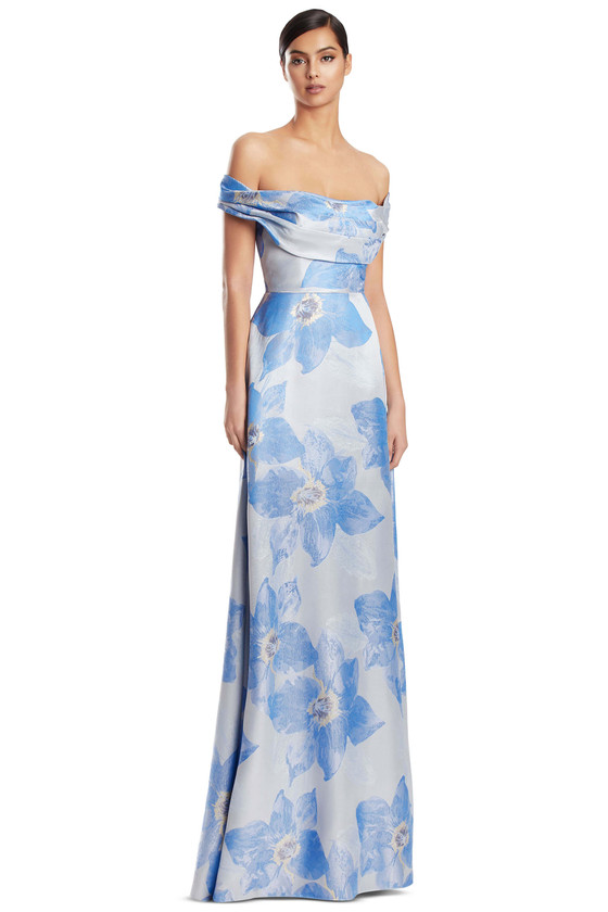 Front view of Alexander by Daymor 3247 summer blue multi floral satin mother of the bride dress