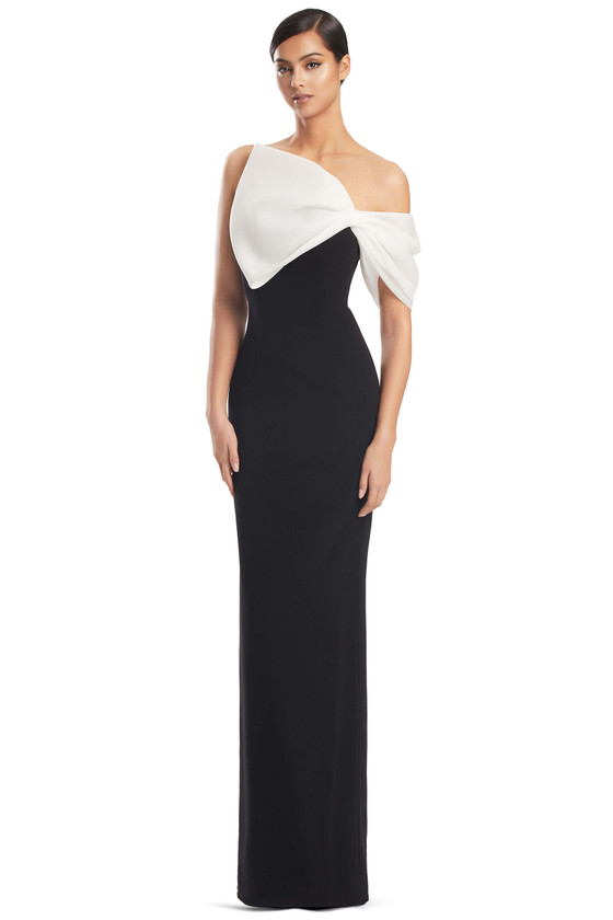 Front view of Alexander by Daymor 3248 black and white crepe mother of the bride dress with satin bow detail