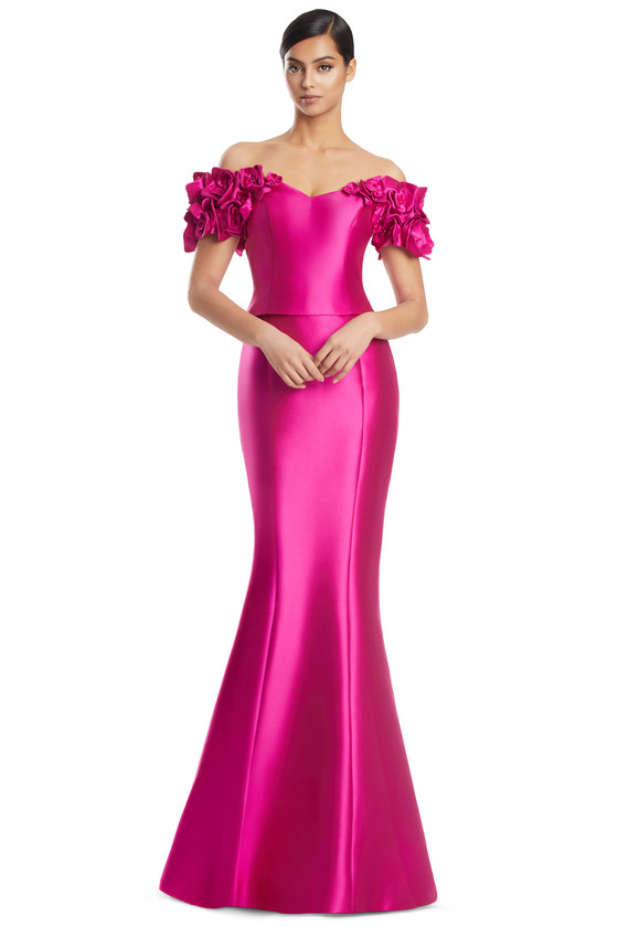 Front view of Alexander by Daymor 3254 passion satin twill mother of the bride dress with floral straps