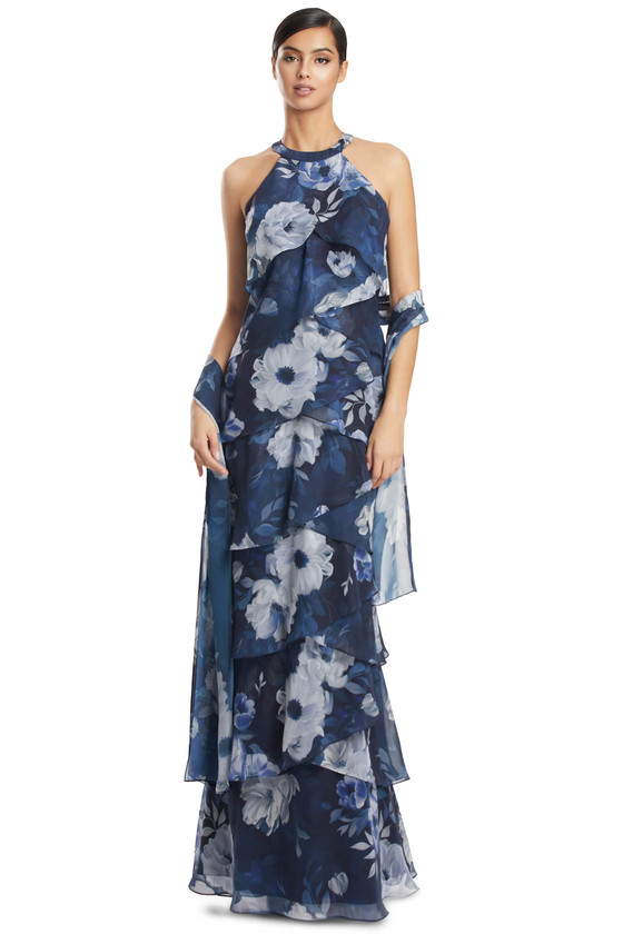 Front view of Alexander by Daymor 3268 navy multi floral chiffon mother of the bride gown with halter neckline
