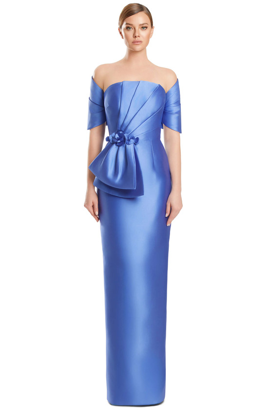 Front view of Alexander by Daymor 3271 periwinkle satin twill mother of the bride gown with off-the-shoulder wrap