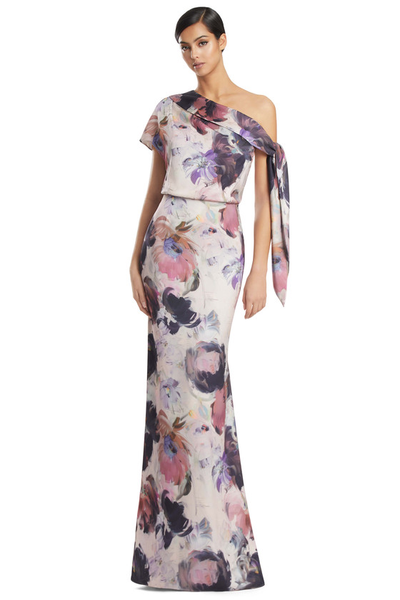Front view of Alexander by Daymor 3274 toasted almond multi floral satin mother of the bride gown