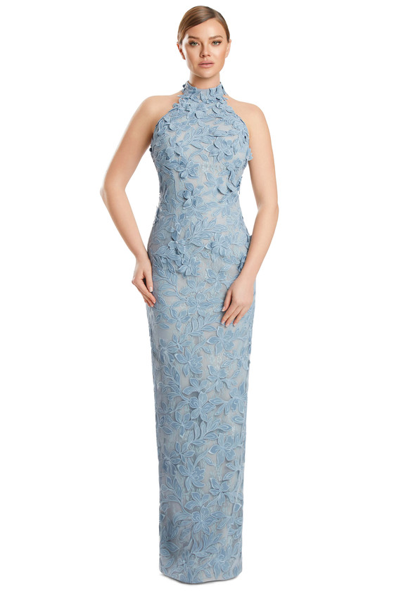 Front view of Alexander by Daymor 3277 glacier blue lace mother of the bride gown with halter neckline