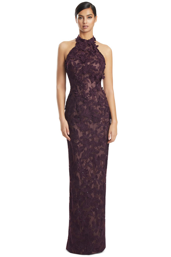 Front view of Alexander by Daymor 3277 aubergine lace mother of the bride gown with 3D floral appliques
